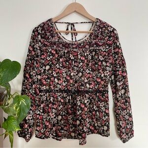 Knox Rose Black Floral Long Sleeve Peplum Blouse Size XS